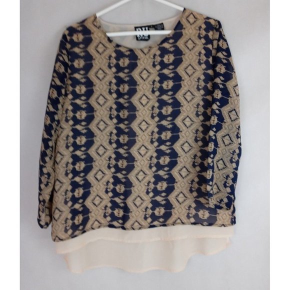 RU Apparel Women's Blue & Tan Lined Sheer  Blouse Size Small - Picture 1 of 6